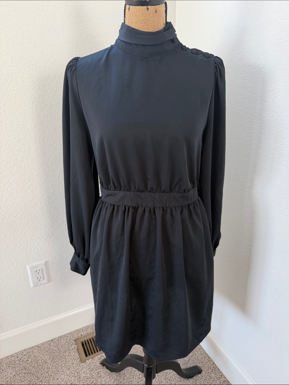 Who What Wear Navy Blue High-Neck Long-Sleeve Waist-Defined Dress